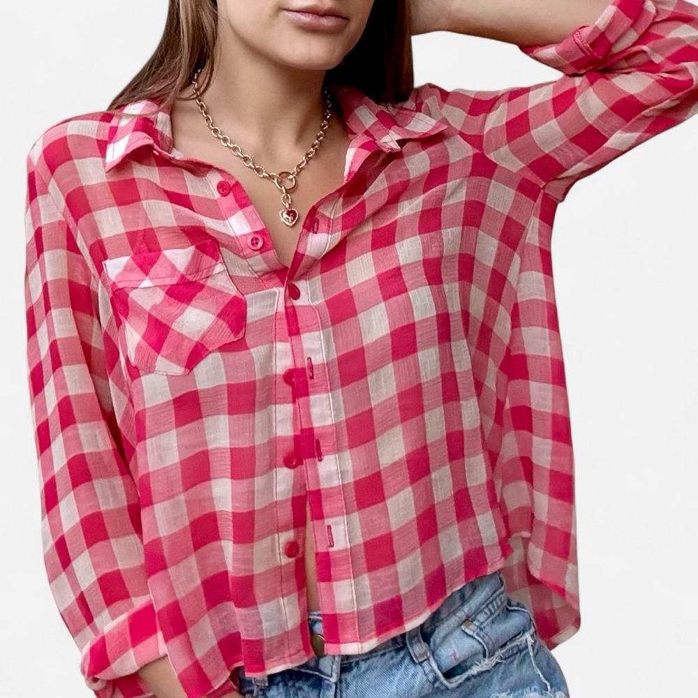 Red and white gingham button-down blouse from Free People